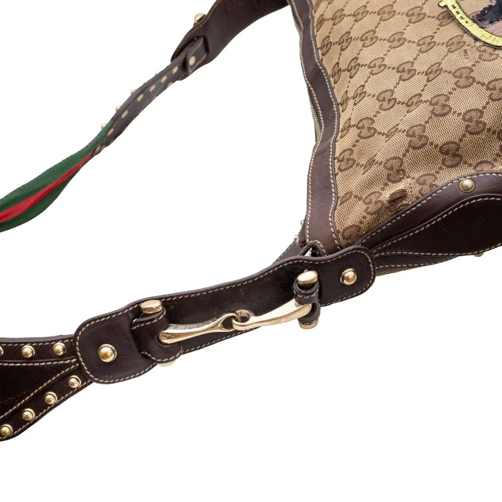 Gucci GG Canvas Pelham Horsebit Studded Hobo Bag Web Strap 153691 Brown